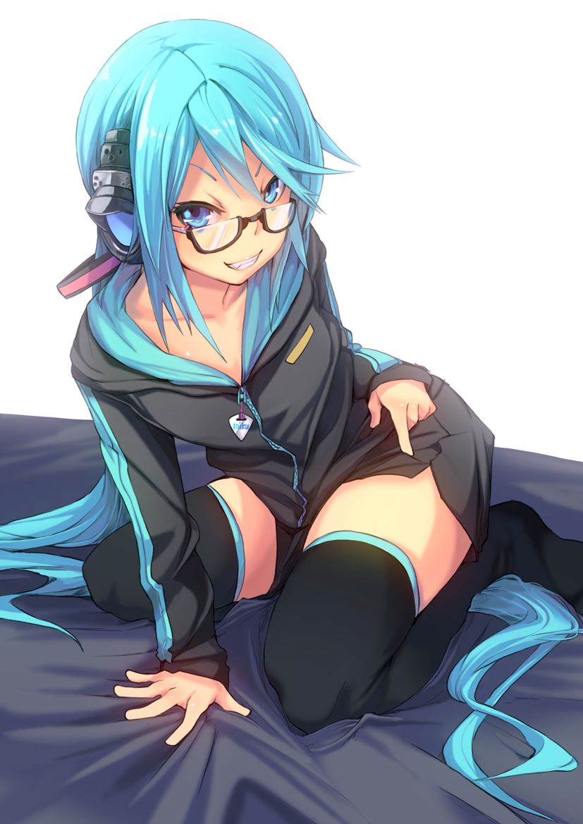 1girl, aqua_hair, arm_support, bespectacled, blue_eyes, fu-ta, glasses, grin