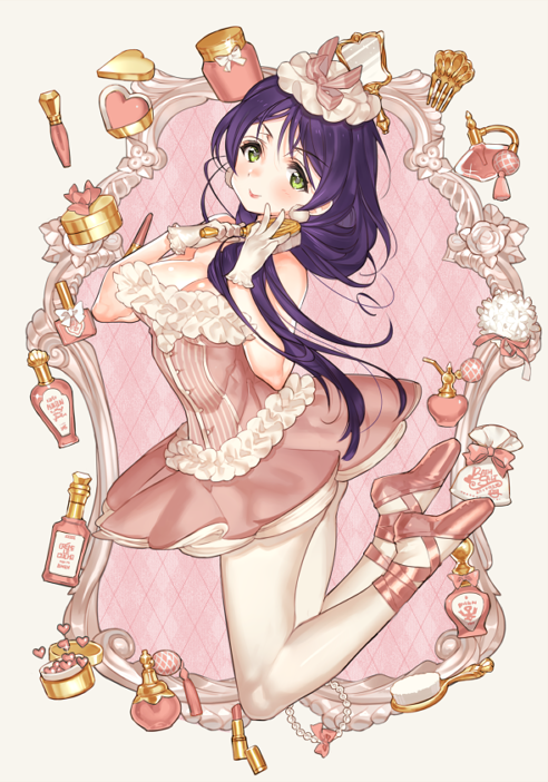 ballet_shoes, blush, dress, earrings, gloves, green_eyes, hat, long_hair, love_live!_school_idol_project, low_twintails, makeup, mirror, toujou_nozomi, twintails, violet_hair