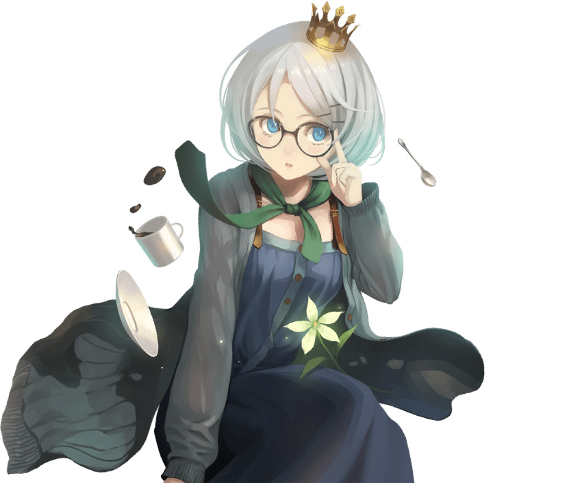 1girl, adjusting_glasses, artist_request, blue_eyes, bob_cut, cardigan, crown, cup