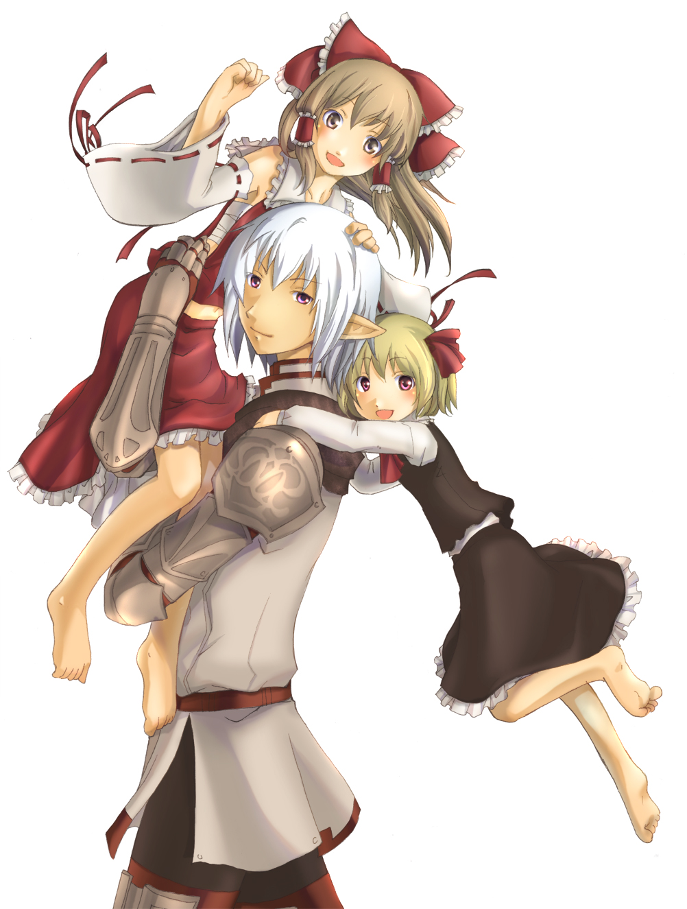 1boy, 2girls, armor, barefoot, blonde_hair, bow, brown_eyes, brown_hair