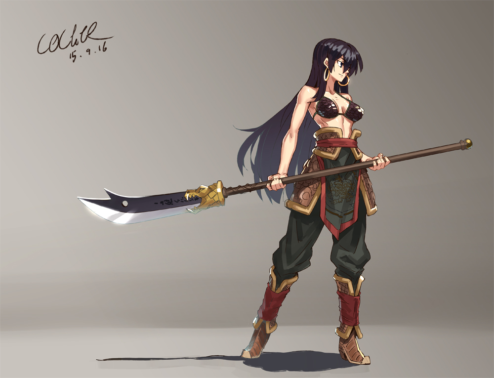armor, artist_name, bikini, bikini_armor, black_hair, boots, chinese_clothes, earrings, guan_dao, jewelry, lolik, long_hair, looking_to_the_side, polearm, simple_background, swimsuit, weapon