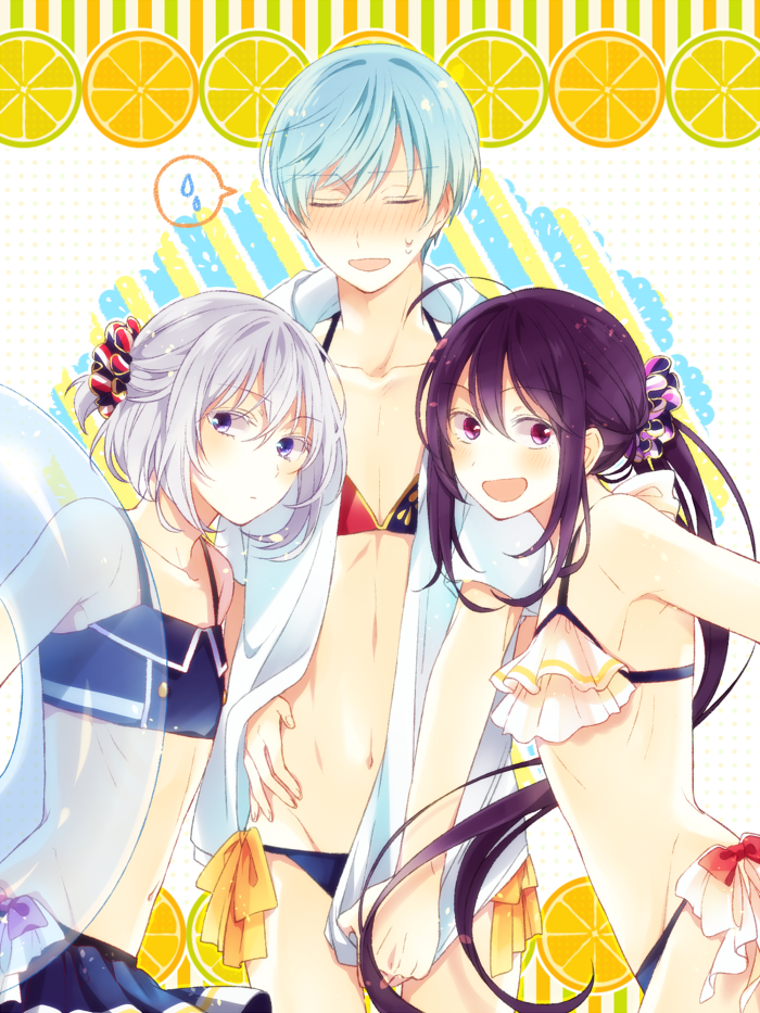 3boys, adapted_costume, ahoge, bikini, bikini_skirt, black_hair, blue_hair, blush