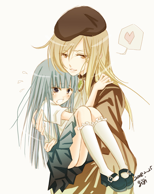 2girls, bangs, beret, blonde_hair, blunt_bangs, blush, cape, furude_rika