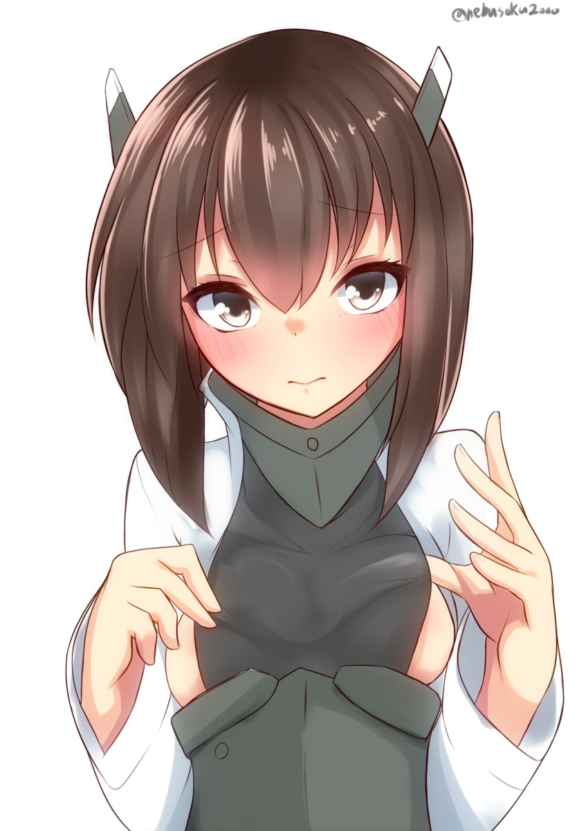 1girl, blush, breasts, brown_eyes, brown_hair, headband, headgear, highres