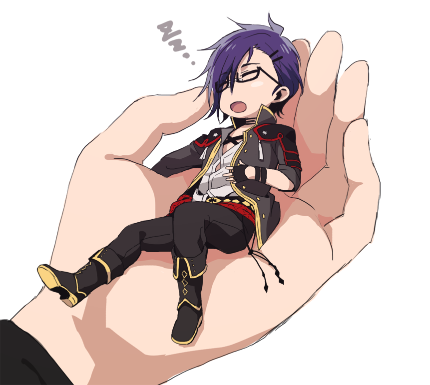 1boy, akashi_kuniyuki, black_gloves, boots, closed_eyes, fingerless_gloves, glasses, gloves, hair_ornament, hairclip, knee_boots, male_focus, miniboy, nomuo, open_mouth, purple_hair, sleeping, solo_focus, touken_ranbu, zzz