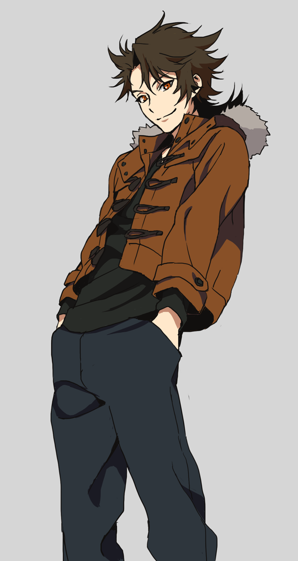 1boy, brown_hair, contemporary, hands_in_pockets, hooded_jacket, male_focus, mutsu-no-kami_yoshiyuki, nomuo, red_eyes, smile, toggles, touken_ranbu
