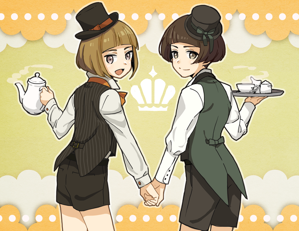 2boys, bob_cut, brown_eyes, brown_hair, cup, hat, hirano_toushirou, holding_hands