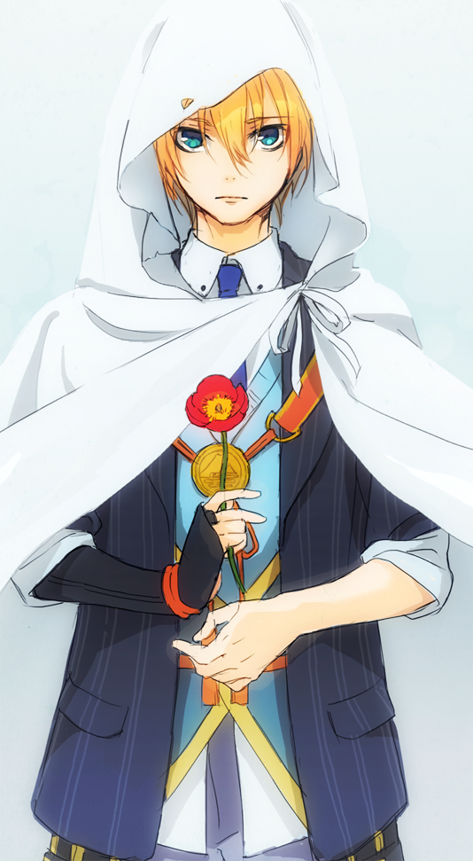1boy, aqua_eyes, blonde_hair, flower, hood, male_focus, necktie, nomuo