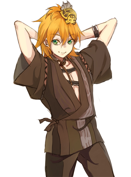 1boy, animal_on_head, arms_behind_head, green_eyes, japanese_clothes, kamekichi, male_focus, nomuo
