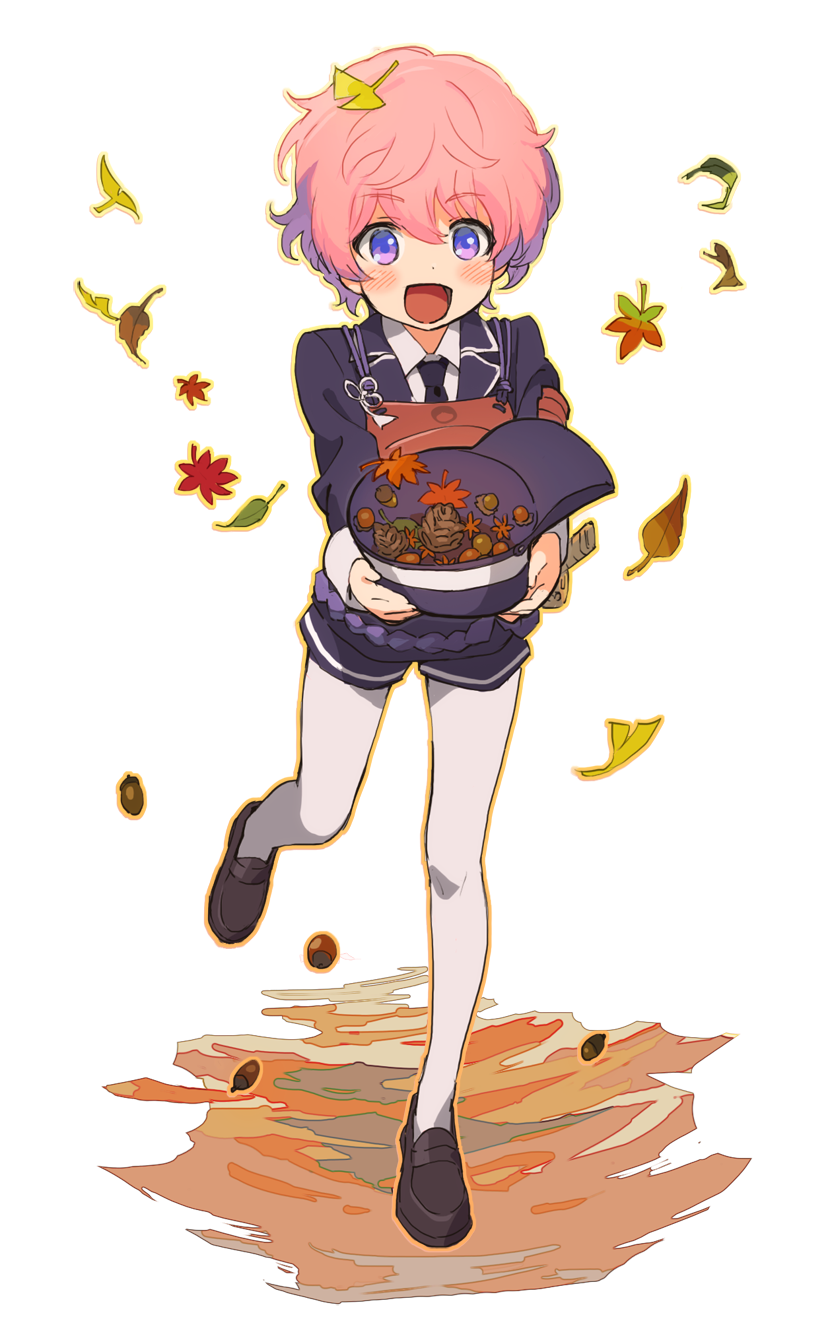 1boy, :d, acorn, akita_toushirou, autumn_leaves, blue_eyes, hat, hat_removed