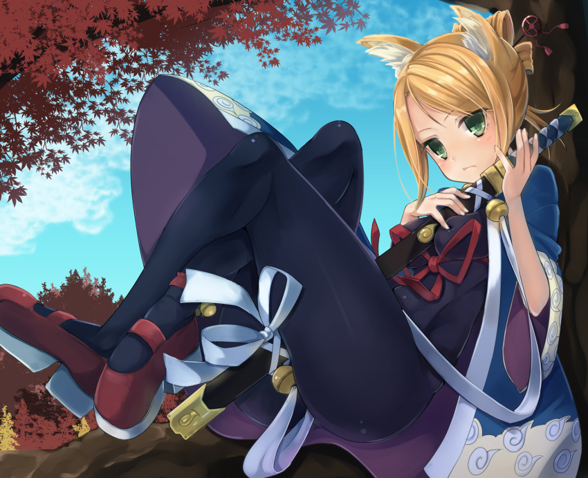 1girl, 7th_dragon, 7th_dragon_(series), animal_ears, autumn, autumn_leaves, bell, between_breasts
