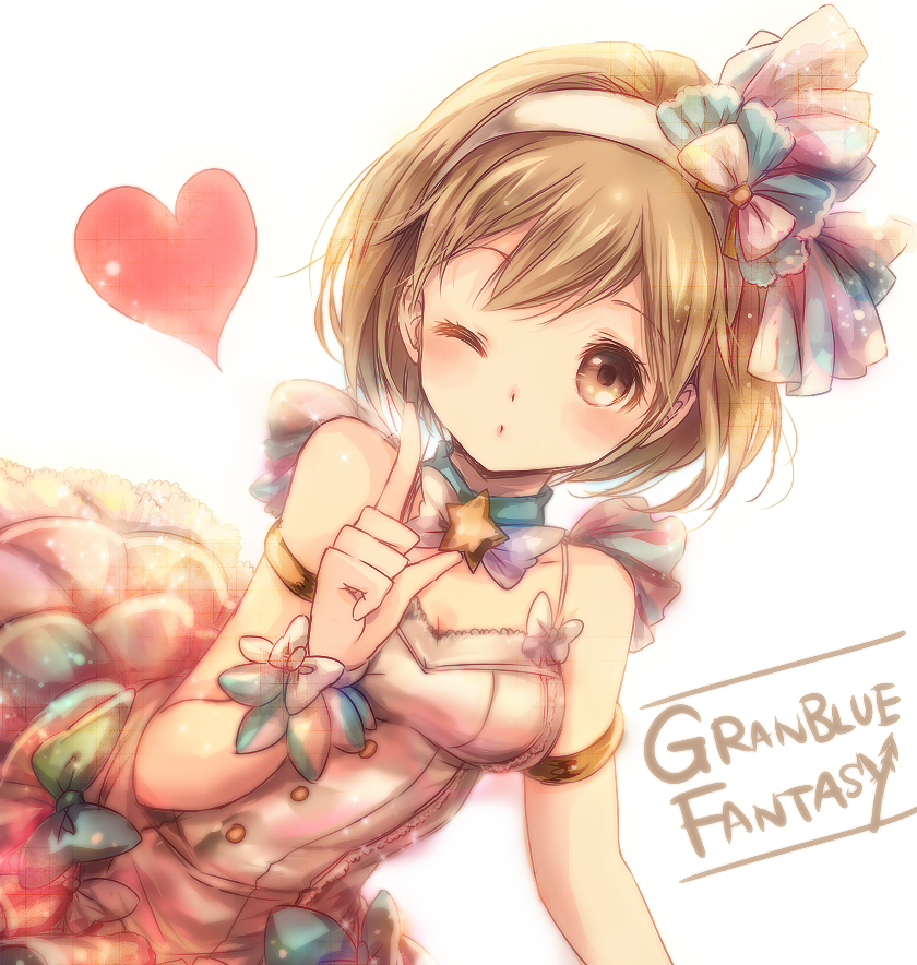 1girl, armlet, bangs, bare_shoulders, blonde_hair, blush, bow, breasts, brown_eyes, choker, cleavage, copyright_name, gita_(granblue_fantasy), granblue_fantasy, hairband, heart, koron_(tkhsrui), one_eye_closed, short_hair, simple_background, skirt, solo, star, superstar_(granblue_fantasy), white_background, wristband