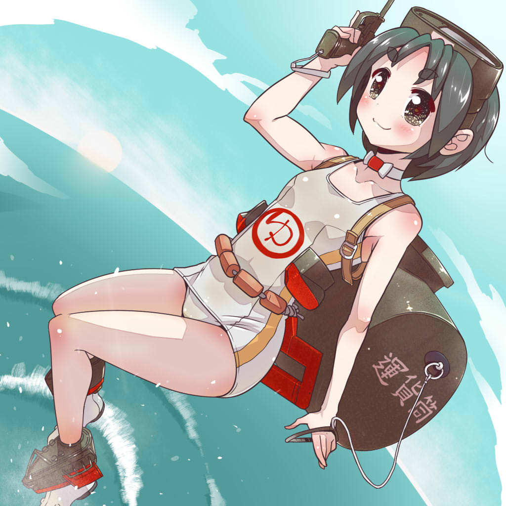 1girl, black_hair, brown_eyes, diving_mask, diving_mask_on_head, gun, kantai_collection, maru-yu_(kantai_collection)