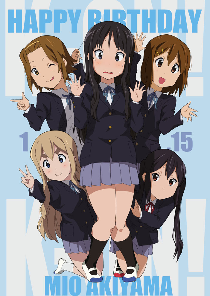 5girls, akiyama_mio, black_hair, blonde_hair, blue_eyes, brown_eyes, brown_hair, happy_birthday