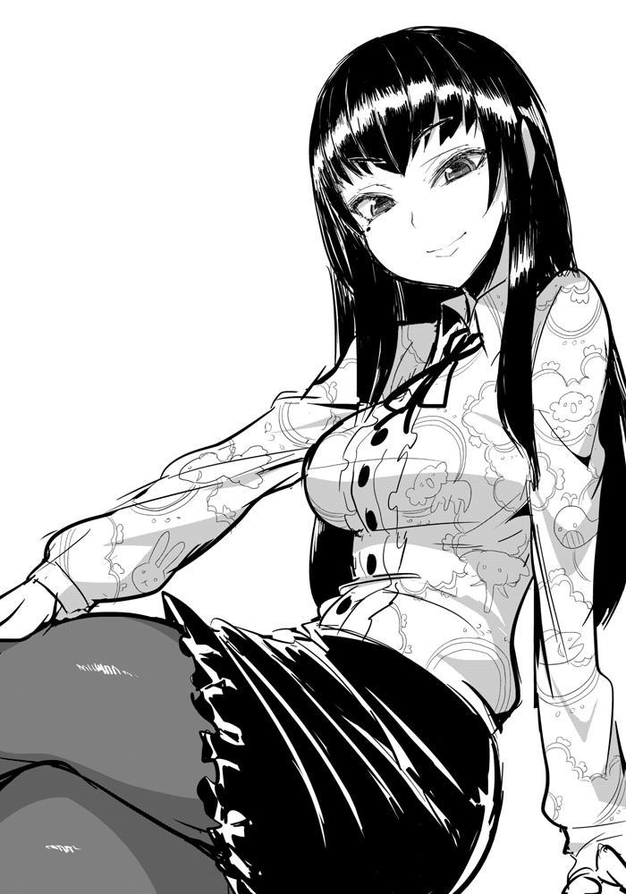 1girl, borrowed_character, crossed_legs, dress_shirt, ken_(koala), long_hair, looking_at_viewer, lossy-lossless