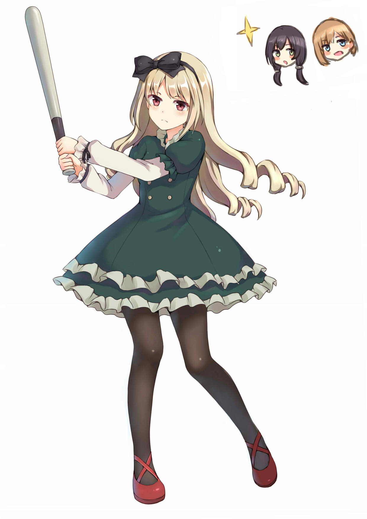 3girls, baseball_bat, black_hair, black_legwear, blonde_hair, blue_eyes, blush, blush_stickers