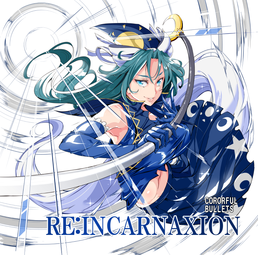 1girl, album_cover, aqua_hair, bare_shoulders, blue_eyes, blue_gloves, cover, crescent