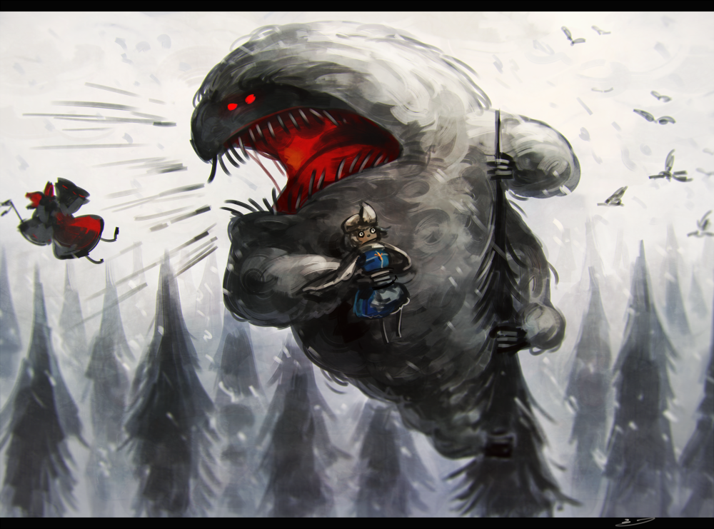 2girls, commentary, hakurei_reimu, hat, koto_inari, letty_whiterock, multiple_girls, short_hair, snow, touhou, tree, yeti_(creature)