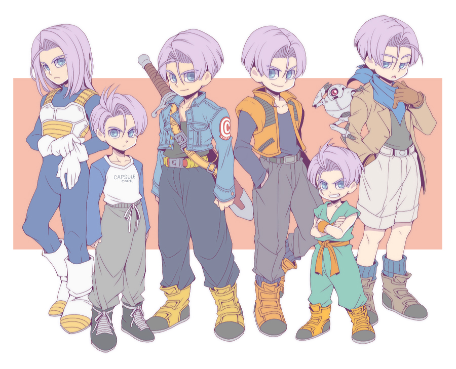 armor, blue_eyes, boots, crossed_arms, denim_jacket, dougi, dragon_ball, dragon_ball_gt