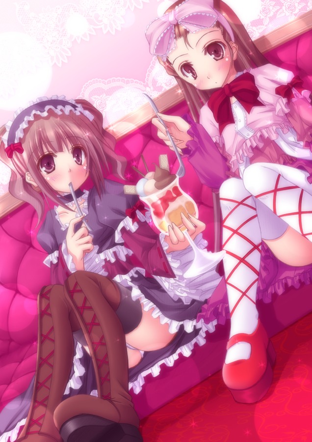 boots, bow, brown_hair, dessert, food, gothic_lolita, hair_bow, hairband