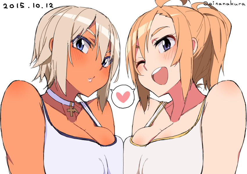 2girls, ;d, ahoge, ahoge_girl_(23), asymmetrical_docking, blonde_hair, blue_eyes, blush, breast_press, breasts, choker, cleavage, dark-skinned_girl_(23), dark_skin, hair_between_eyes, heart, large_breasts, lips, multiple_girls, nanakura_nanane, one_eye_closed, open_mouth, original, short_hair, smile, spoken_heart, tank_top, upper_body