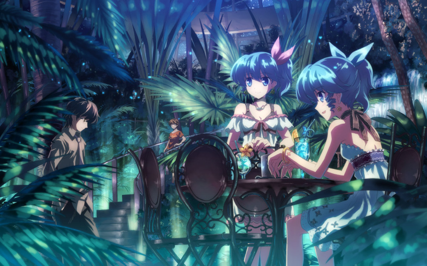 1280x800, blue_hair, brown_hair, dj_max_portable, dress, glasses, greenhouse, hair_ribbon