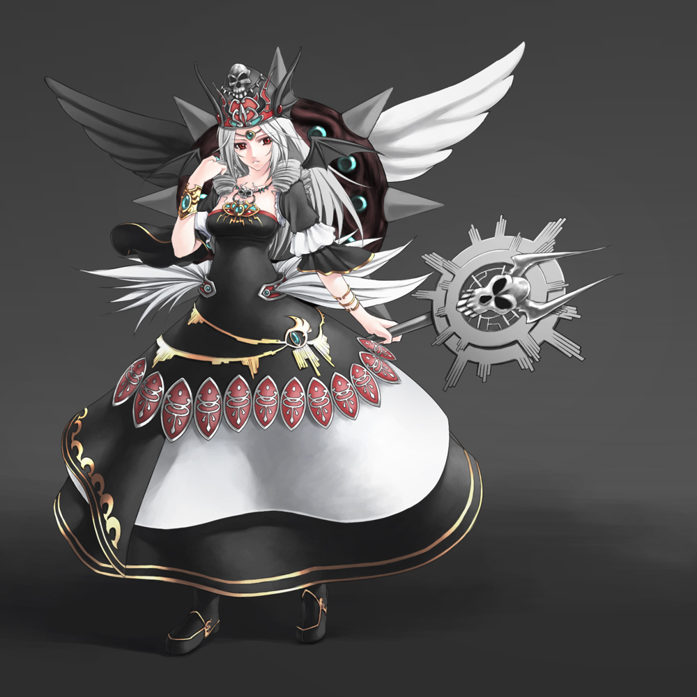 1girl, asymmetrical_wings, bat_wings, black_background, black_dress, bracer, chaos_goddess, crown