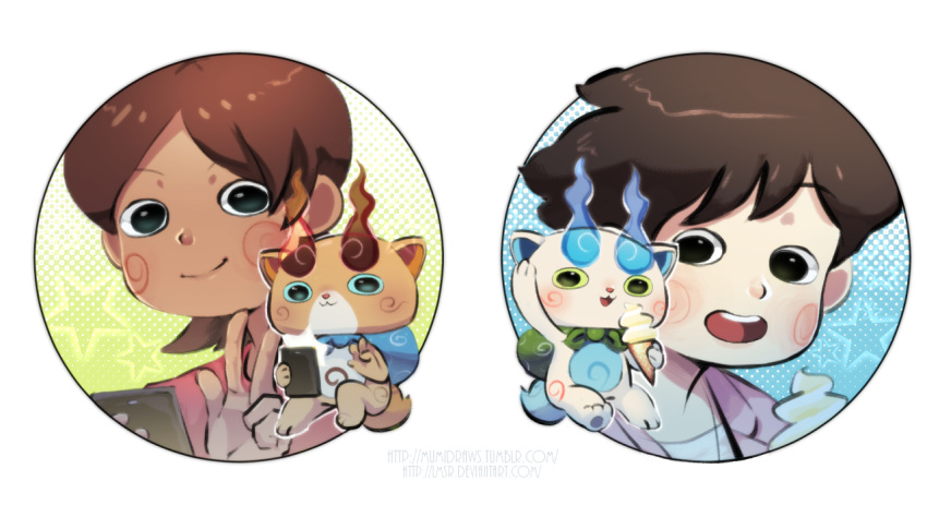 2boys, abbreviated_karakusa, black_hair, blush, brothers, brown_hair, cellphone, dual_persona