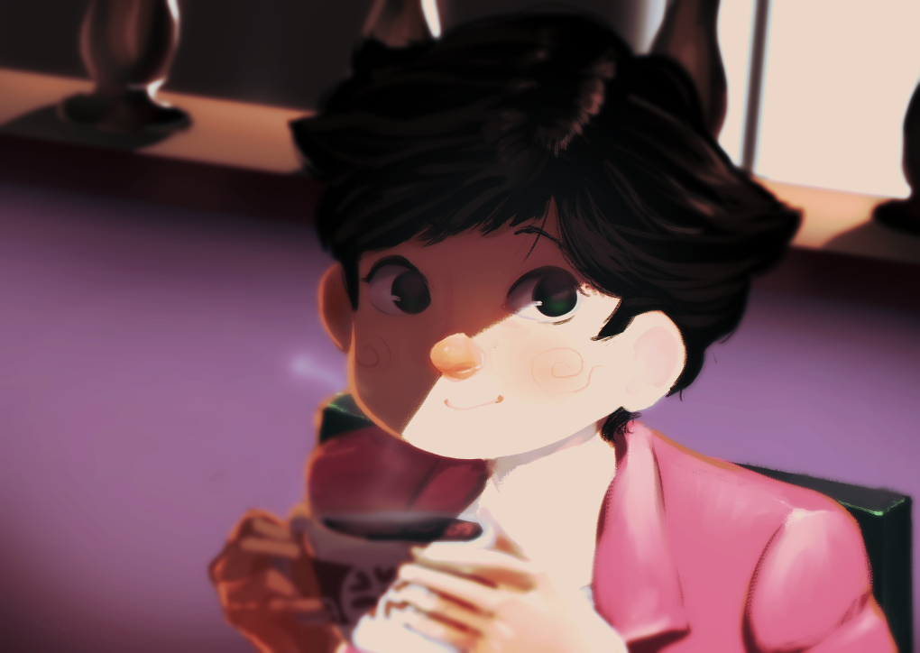 1boy, black_hair, chair, coffee, cup, indoors, koi_to_poem_to_coffee_to, koma-san