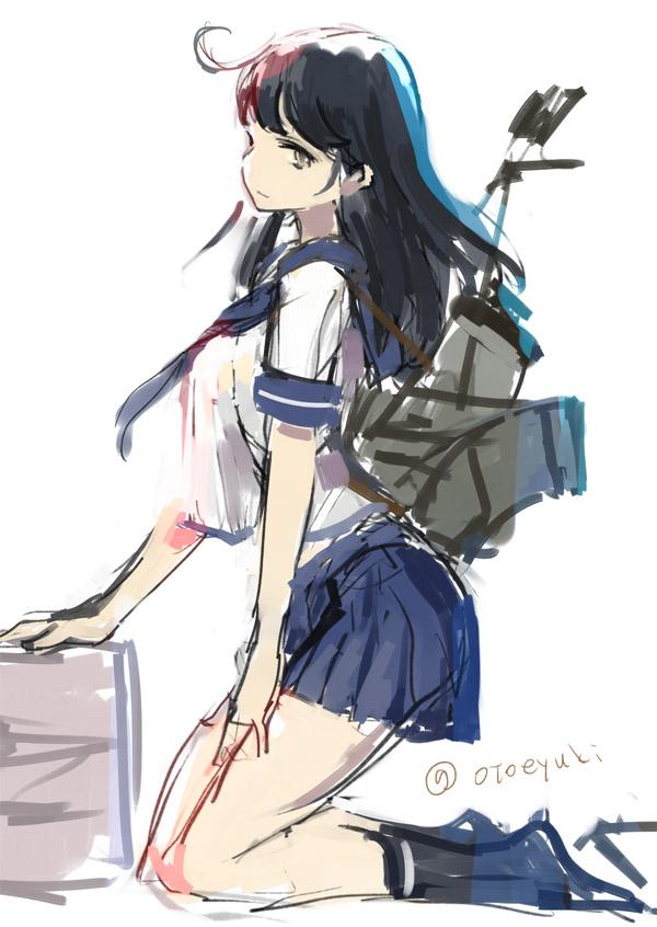 1girl, ahoge, black_hair, blouse, breasts, commentary_request, expressionless, hand_on_thigh