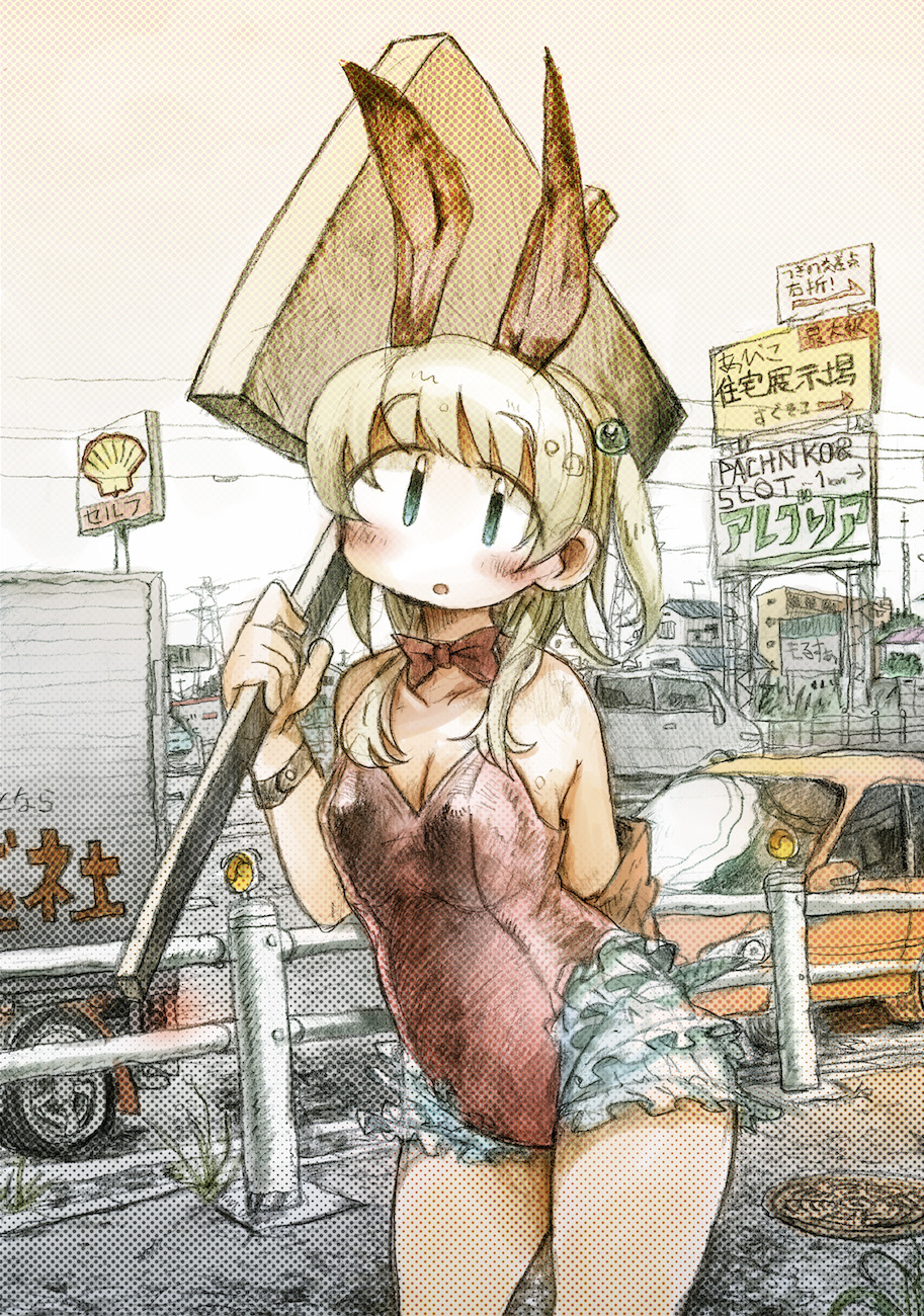 1girl, animal_ears, aqua_eyes, blonde_hair, blush, bowtie, bunnysuit, car