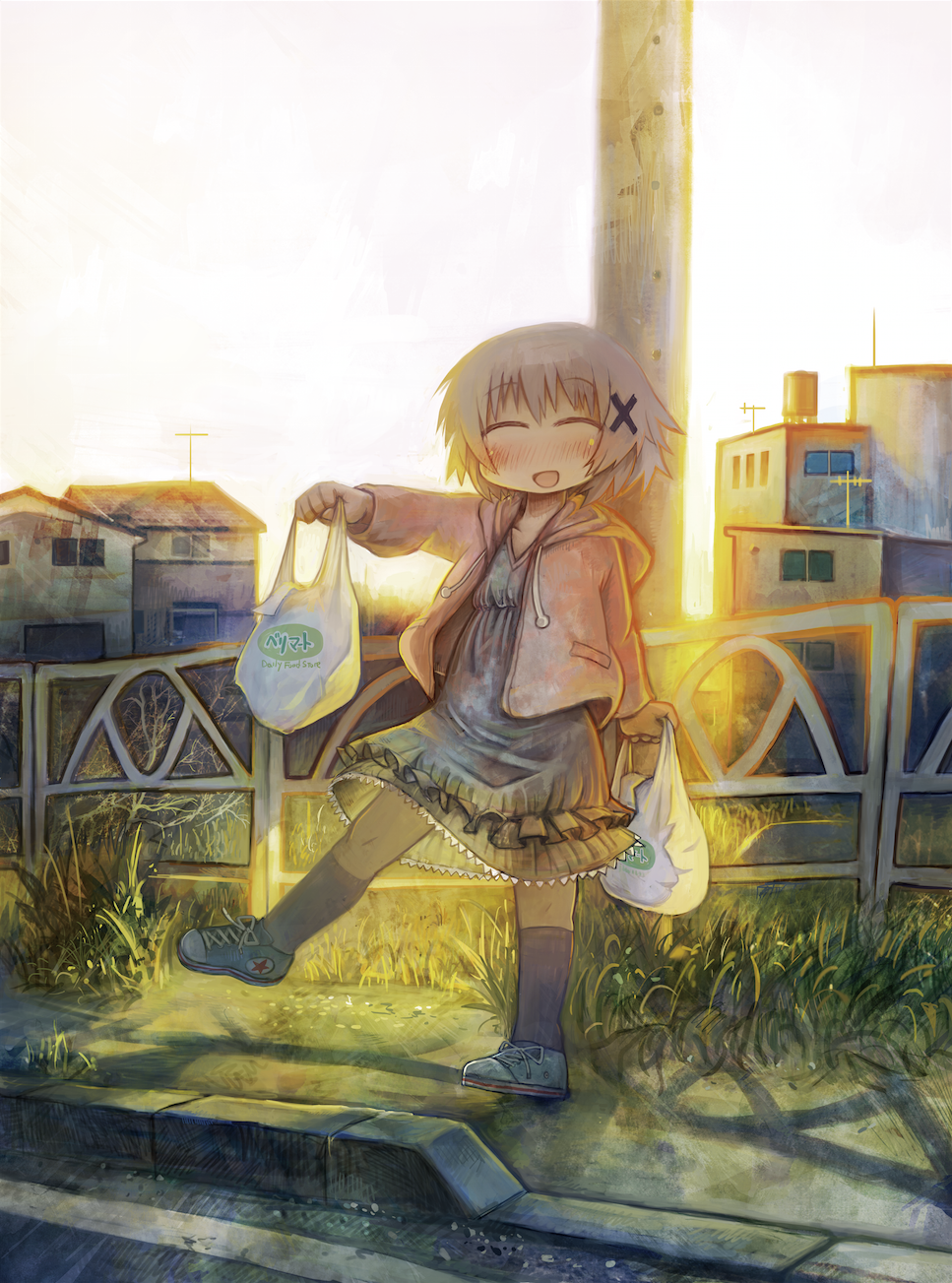 1girl, blush, brown_hair, closed_eyes, dress, hade_na_kangofu, hidamari_sketch, highres, hooded_jacket, hoodie, jacket, open_mouth, short_hair, smile, solo, yuno