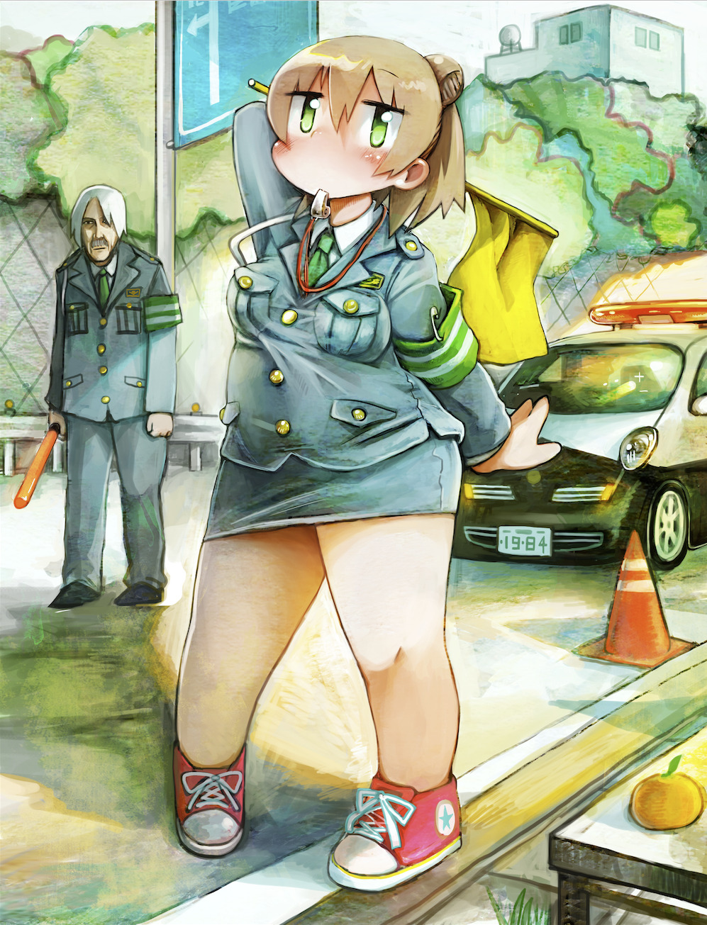 1boy, 1girl, armband, car, copyright_request, facial_hair, faux_traditional_media, flag