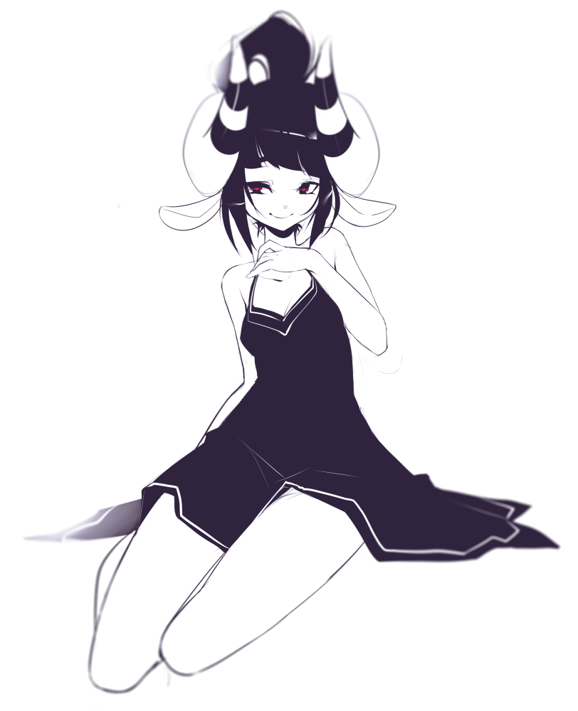 1girl, animal_ears, black_dress, dress, horns, original, sheep_ears, sheep_girl