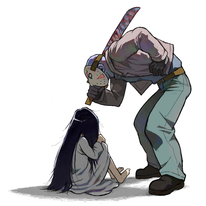 1boy, 1girl, bare_shoulders, belt, bent_over, black_hair, blood, bloody_weapon, brown_shoes, crossover, dress, friday_the_13th, gloves, hand_on_hip, hatchet, hockey_mask, holding_weapon, jacket, jason_voorhees, long_hair, looking_at_another, mask, messy_hair, outsuki, pants, shoes, short_hair, simple_background, sitting, the_ring, topless, very_long_hair, weapon, white_background, white_dress, yamamura_sadako