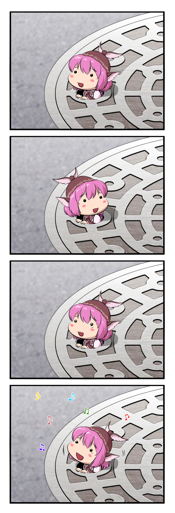 animal_ears, chibi, comic, hat, highres, manhole, minigirl, musical_note, mystia_lorelei, ogu_(oguogu), ogu_(pixiv136937), pink_hair, silent_comic, singing, solo, stuck, tear, tears, touhou