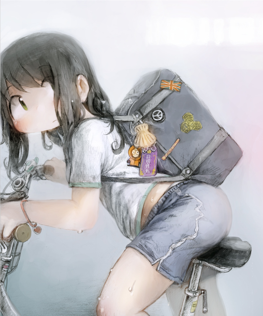 1girl, ass, badge, bag, bicycle, blush, bracelet, button_badge