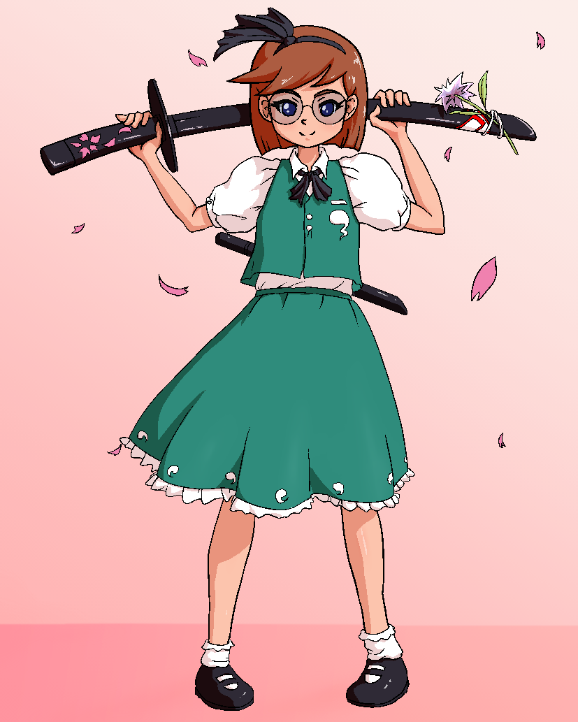 1girl, blue_eyes, brown_hair, cherry_blossoms, commentary, cosplay, full_body, glasses