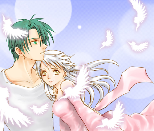 1boy, 1girl, bare_shoulders, dress, feathers, fire_emblem, fire_emblem:_akatsuki_no_megami, green_eyes, green_hair, long_hair, lowres, micaiah, osakabe_yanagi, pink_dress, shirt, silver_hair, smile, sothe, strapless_dress, white_shirt, yellow_eyes