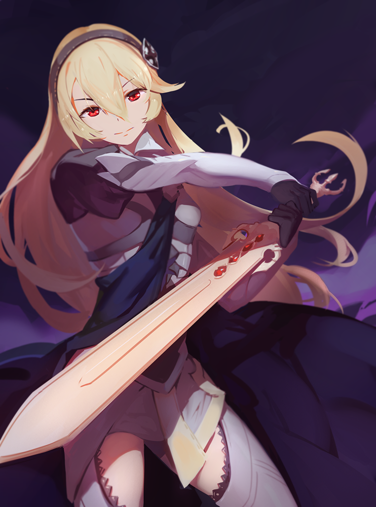 1girl, breastplate, cloak, cowboy_shot, detached_sleeves, elbow_gloves, fighting_stance, fire_emblem