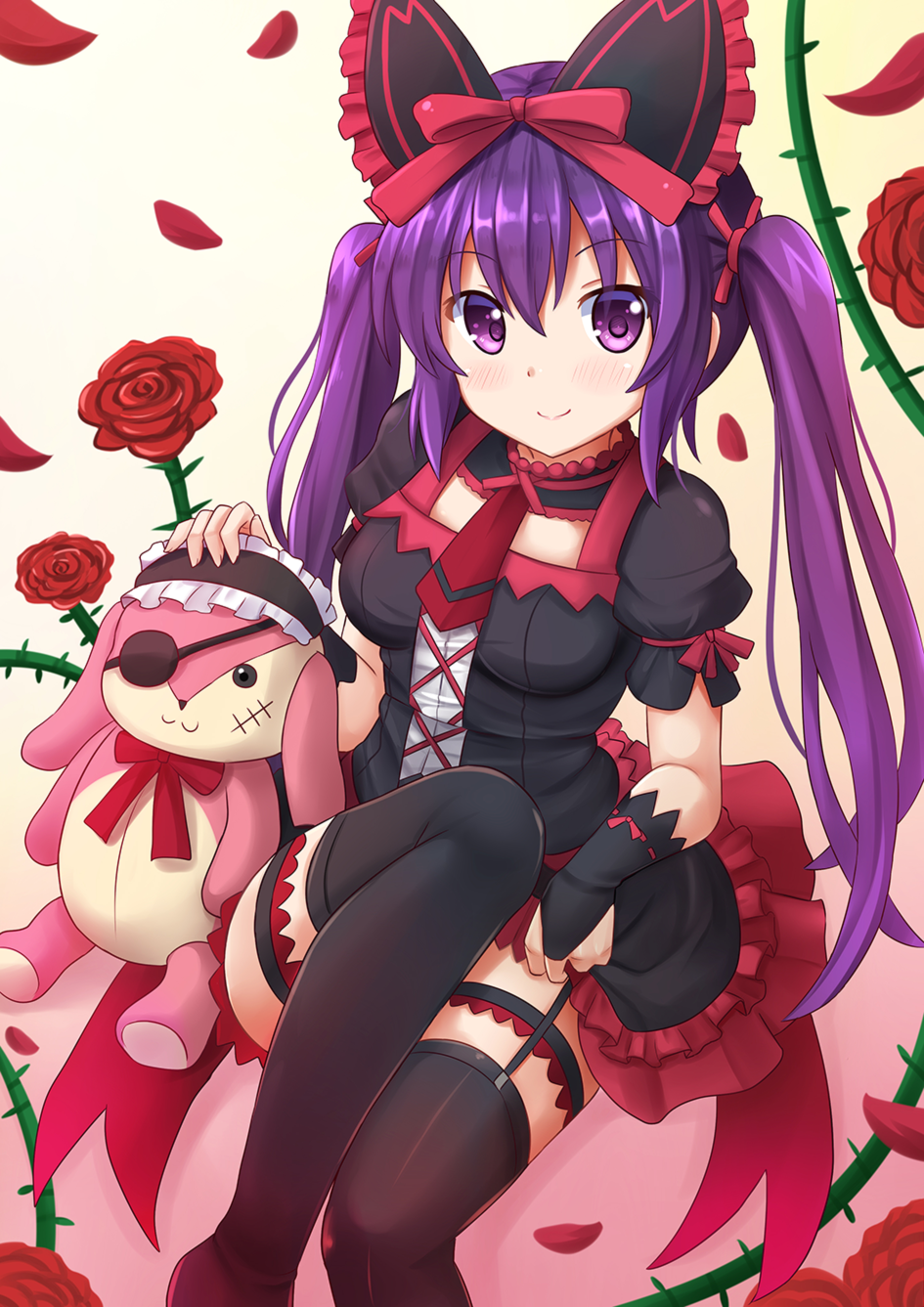:3, black_dress, black_gloves, black_legwear, bow, bowtie, cosplay, dress