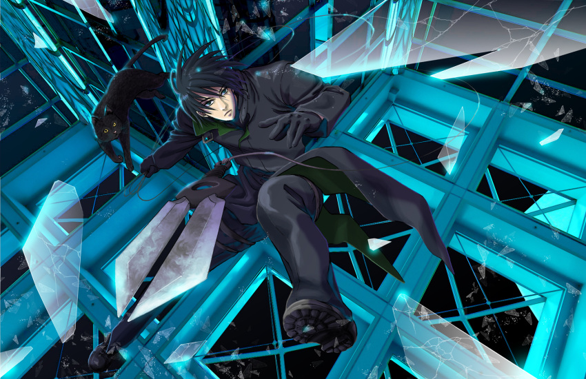 1boy, black_hair, boots, broken_glass, cat, darker_than_black, glass, gloves