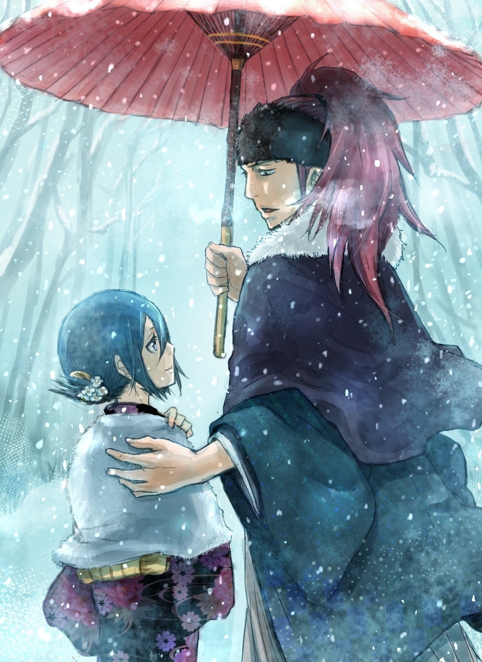 1boy, 1girl, abarai_renji, black_hair, bleach, eye_contact, highres, holding_umbrella