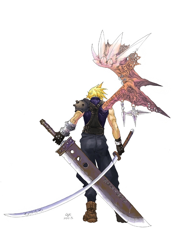 blonde_hair, cloud_strife, dual_wield, final_fantasy, final_fantasy_vii, katana, sword, wing