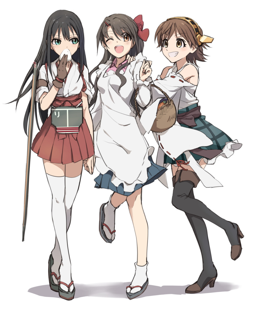 3girls, ;d, akagi_(kantai_collection), akagi_(kantai_collection)_(cosplay), basket, boots, brown_eyes, brown_hair
