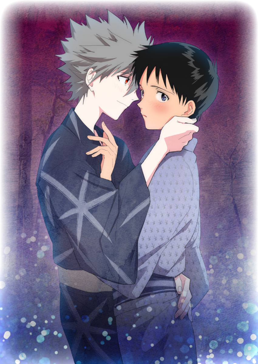 2boys, blue_eyes, blush, brown_hair, grey_hair, highres, ikari_shinji, japanese_clothes, male_focus, momohara_kana, multiple_boys, nagisa_kaworu, neon_genesis_evangelion, open_mouth, red_eyes, short_hair, smile, yaoi
