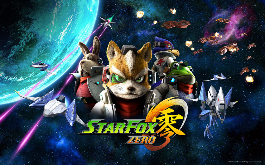 4boys, airplane, arwing, blue_eyes, copyright_name, explosion, falco_lombardi, fox_mccloud, furry, green_eyes, hat, headset, highres, jacket, laser_beam, looking_at_viewer, mecha, multiple_boys, nintendo, no_humans, official_art, peppy_hare, planet, red_eyes, scouter, slippy_toad, space, space_craft, star_fox, star_fox_zero, wallpaper, wolfen