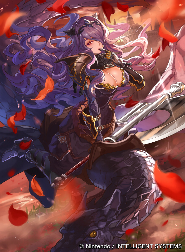 1girl, armor, axe, belt, boots, breasts, camilla_(fire_emblem_if), castle