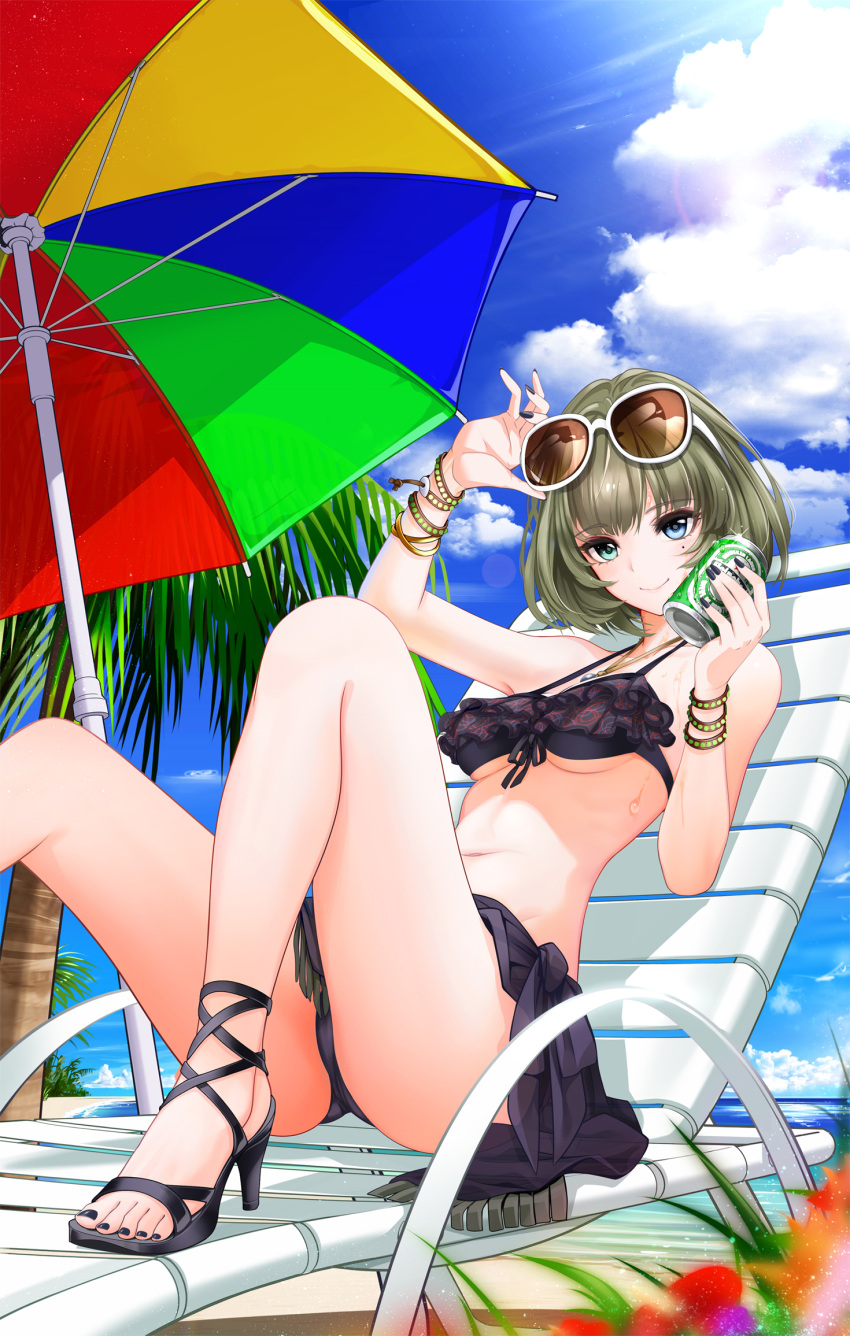 1girl, beach, beach_umbrella, beer_can, bikini, blue_eyes, bracelet, breasts, brown_hair, chair, feet, giba_(out-low), green_eyes, heineken, heterochromia, high_heels, highres, idolmaster, idolmaster_cinderella_girls, jewelry, looking_at_viewer, lounge_chair, mole, palm_tree, sandals, short_hair, smile, solo, sunglasses, sunglasses_on_head, swimsuit, takagaki_kaede, toenail_polish, toes, tree