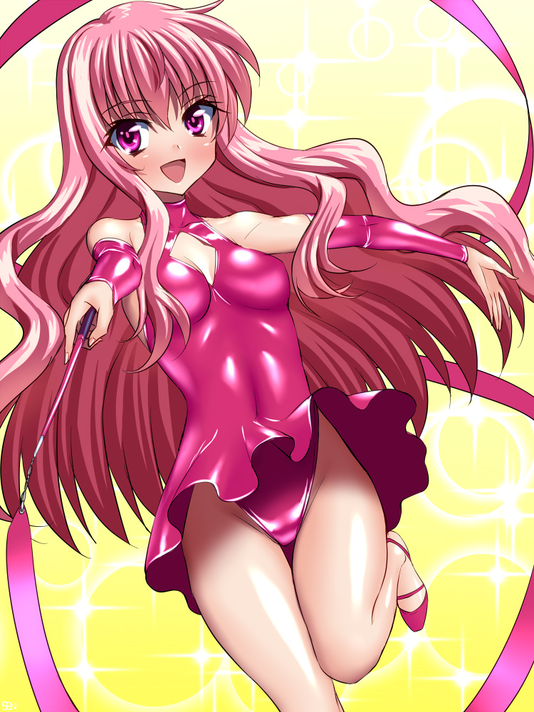 1girl, cleavage_cutout, gymnastics, gymnastics_ribbon, leotard, long_hair, louise_francoise_le_blanc_de_la_valliere, pink_eyes